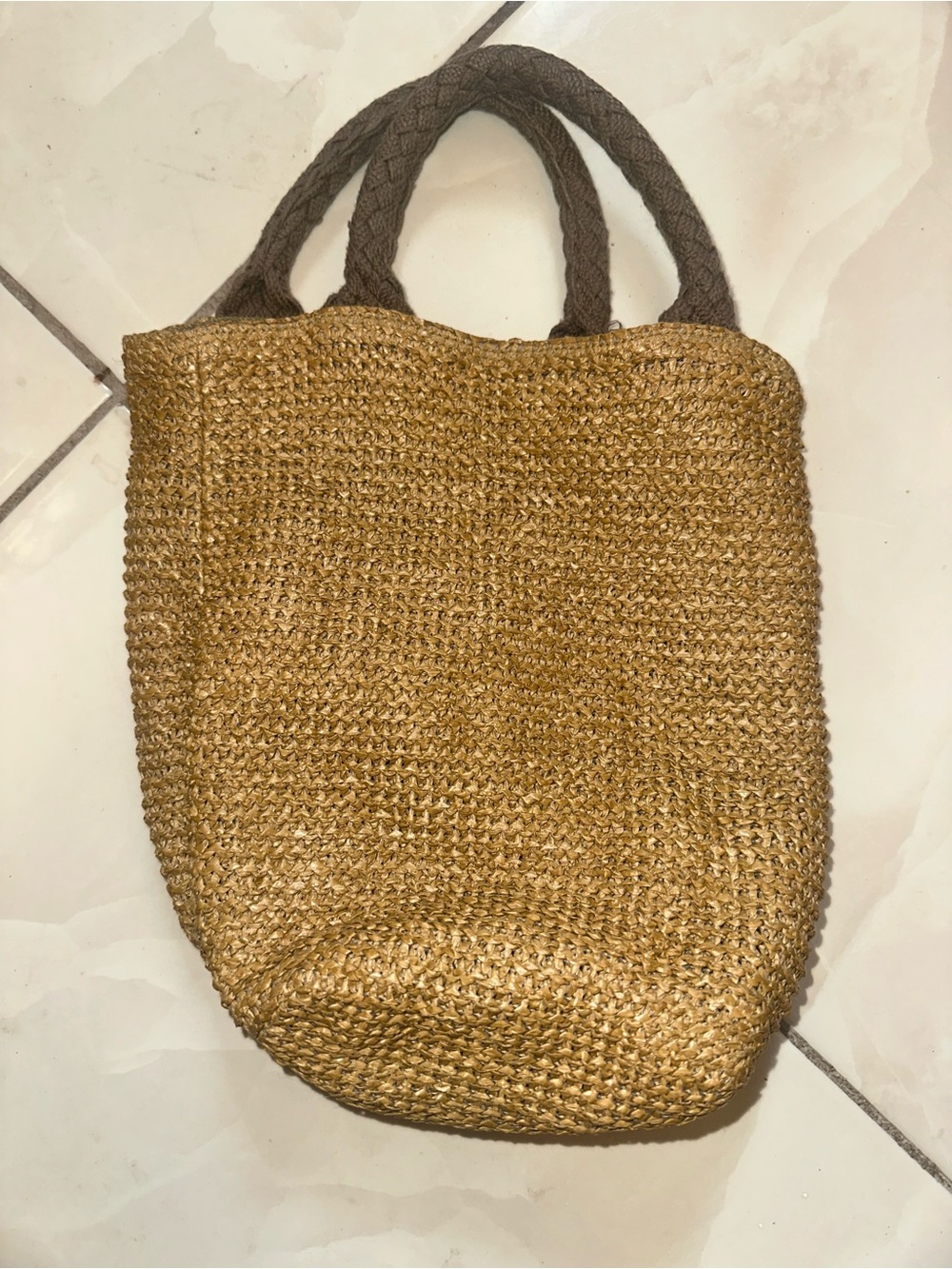 DKNY Natural Straw Tote with Brown Braided Handles